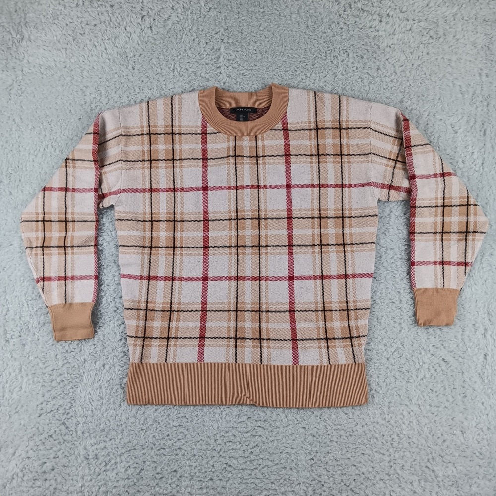 Tahari Womens Plaid Crewneck Sweater Tan Red Black Rayon Blend Size Large L